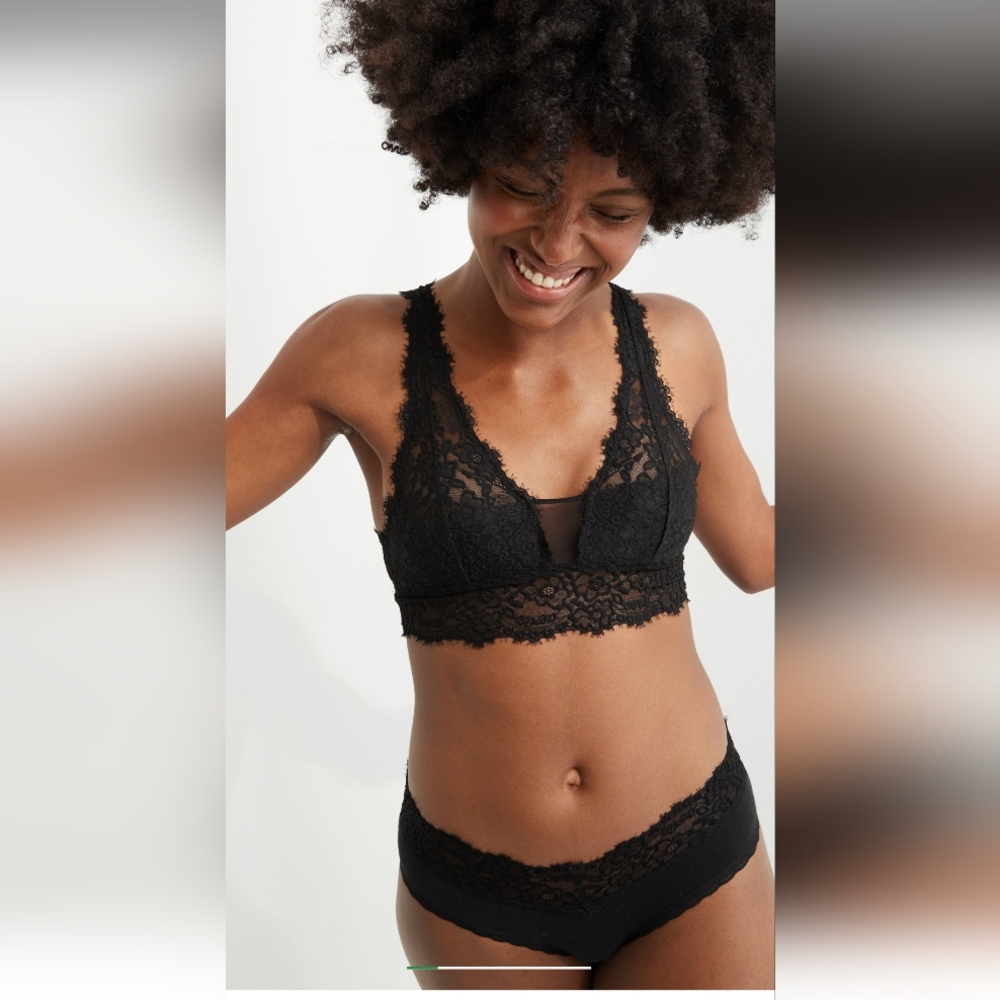 Aerie Eyelash Lace Padded Plunge Bralette Size XL Black